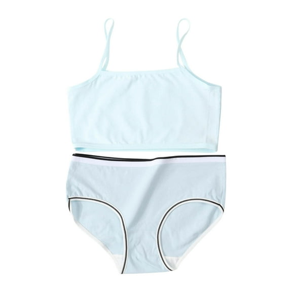 Kids Training Bra Girls' Two Piece Underwear Set High Waist Briefs Bra Set Solid Sports Camisole Panties Set Light Blue 13Y