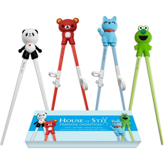 Kids Training Chopsticks for Toddlers, and Adults Removable Finger Helpers, Animal Design, BPA-Free, Dishwasher-Safe (Animals 4-Pack)