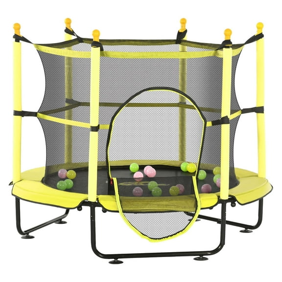 Kids Trampoline 4.6ft with Enclosure & Ball Pit - Yellow Indoor Outdoor Bouncer for Toddlers Ages 3-10, 110lbs Capacity