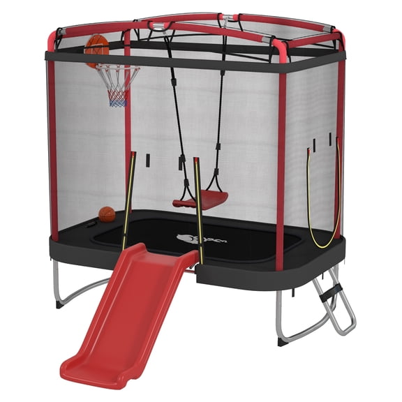 Kids Trampoline 4x6FT with Slide, Swing, Basketball Hoop & Enclosure - Red Outdoor Play Set
