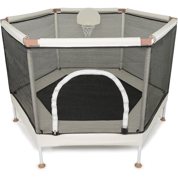Kids Trampoline, Aesthetic Indoor and Outdoor Toddler Trampoline with Safety Net, Basketball Hoop, 220lb Capacity, Ultra Safe No-Gap Design, Gifts for Boys & Girls