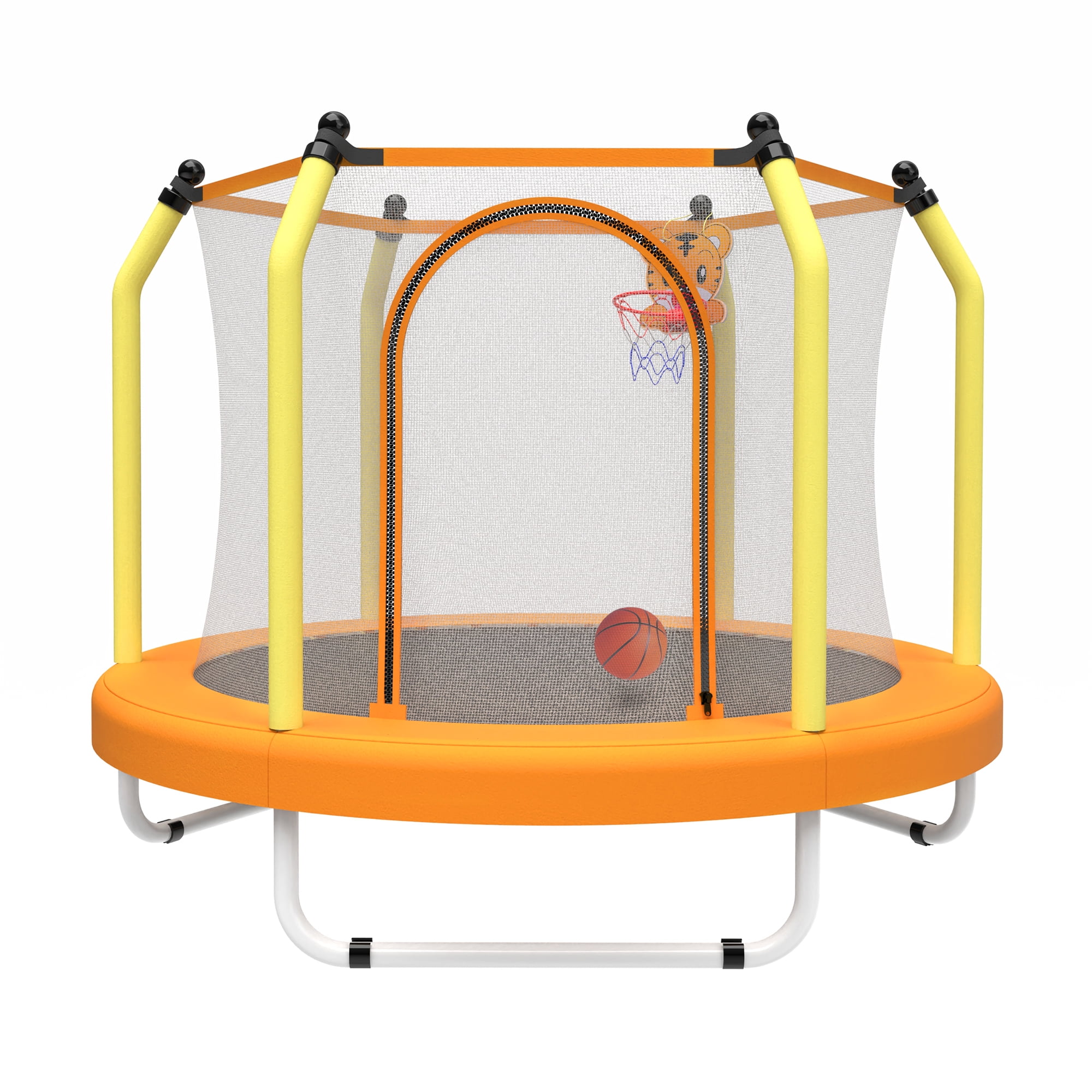 Kids Trampoline with Basketball Hoop, SUREGO 55” Indoor Outdoor Toddler Trampoline with Safety Enclosure, Foam-Padded Poles & 30 Springs, Small Trampoline for Boys & Girls, Orange