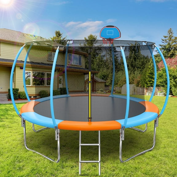 Seizeen Kids Trampoline with Enclosure, 10ft Round Trampoline with Basketball Hoop & Curved Poles, Upgrade Colorful Trampoline for Outdoor Backyard, Ladder, All-Weather Mat, Max Weight 440LBS