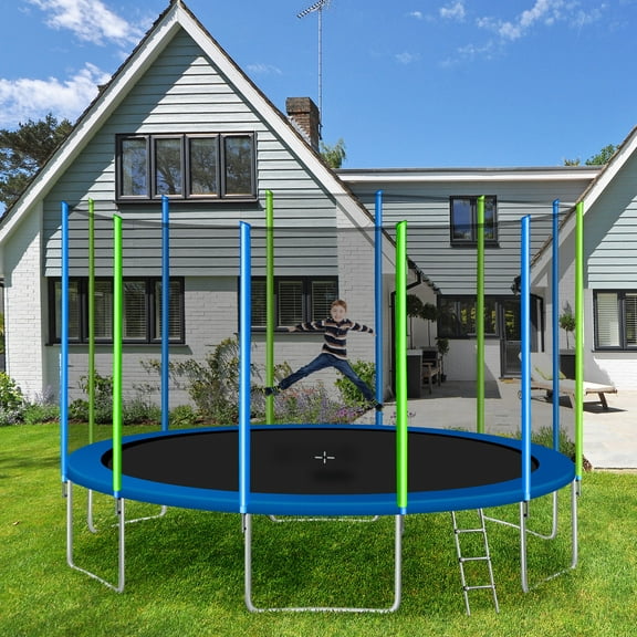 Kids Trampoline with Enclosure Net, 2024 Upgraded 16ft Trampoline with Ladder, Safety Spring Cover Padding, 12 Wind Stakes & Ladder, Outdoor Fitness Trampoline for Graden Patio Backyard, S11610