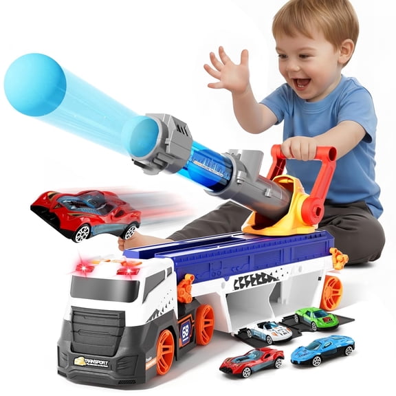 Kids Transport Truck Toy Car Launcher with Light & Sound Car Carrier Garage Playset with 1 Race Cars & 3 EVA Foam Balls, Shooting Truck Toy Gift for Boys Girls Age 3 4 5 6 7 8