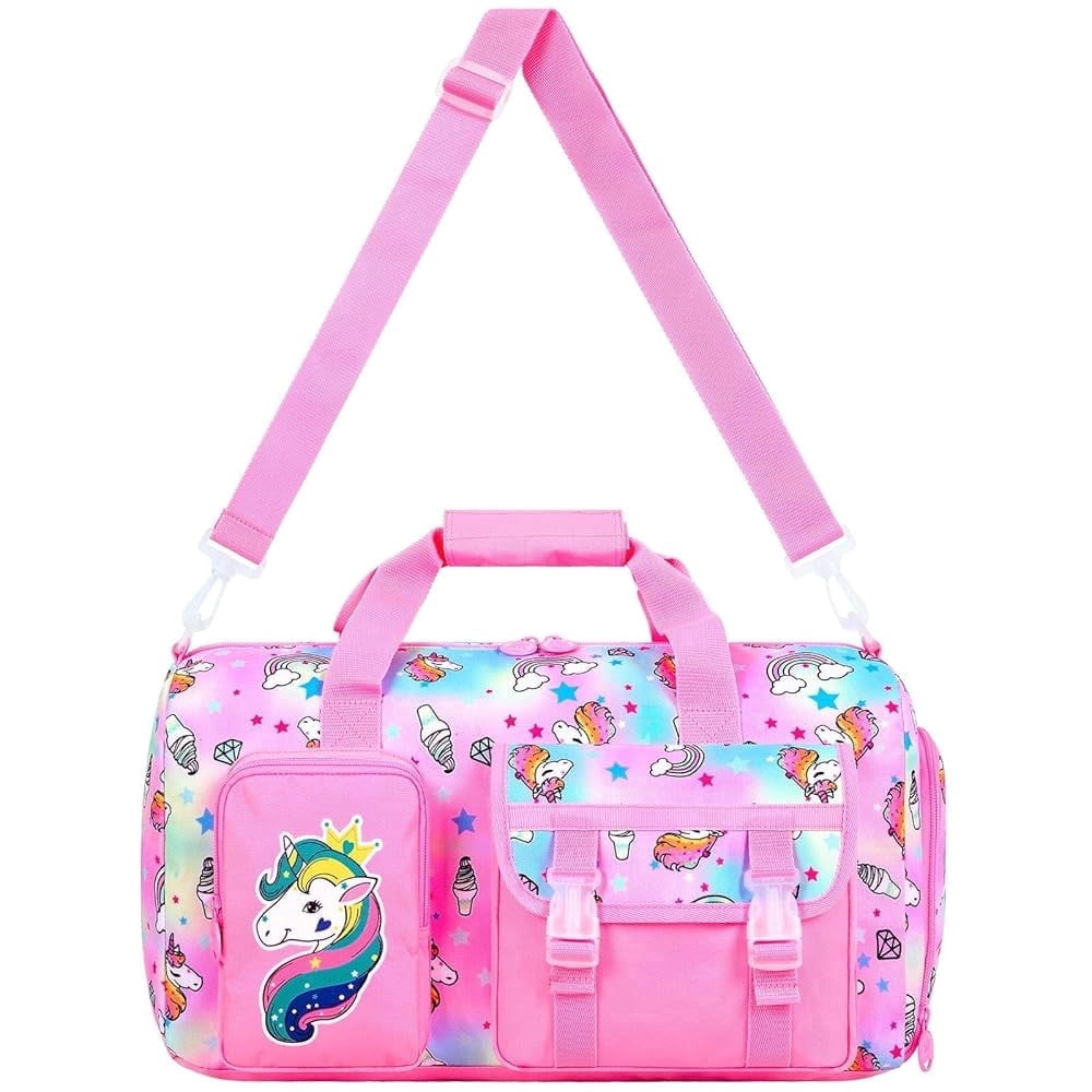 Kids Travel Duffle Bag for Girls with Shoe Compartment, A Sports Gym Weekender Overnight Sleepover Bag for Toddler Little Kid - Pink Unicorn