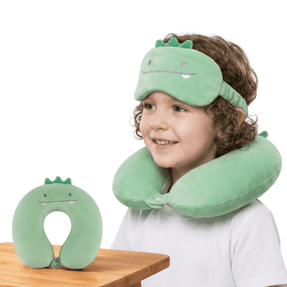 Kids Travel Neck Pillow and Eye Mask Set, Cartoon U-Shaped Memory Foam Pillow for Airplane, Car and Road Trips, Travel Essentials for Boys and Girls
