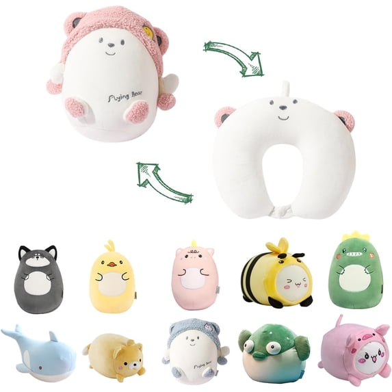 Kids Travel Pillow, 2-in-1 Deformable Kids Neck Pillow for Traveling, Soft U-Shaped Pillow with Adorable Animal Design, Comfy Sleep and Play, Ideal for Airplanes and Cars