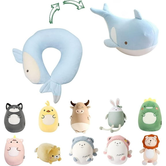 Kids Travel Pillow, 2-in-1 Deformable Kids Neck Pillow for Traveling, Soft U-Shaped Pillow with Adorable Animal Design, Comfy Sleep and Play, Ideal for Airplanes and Cars