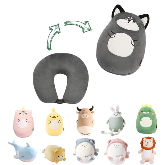 Kids Travel Pillow, 2-in-1 Deformable Kids Neck Pillow for Traveling, Soft U-Shaped Pillow with Adorable Animal Design, Comfy Sleep and Play, Ideal for Airplanes and Cars