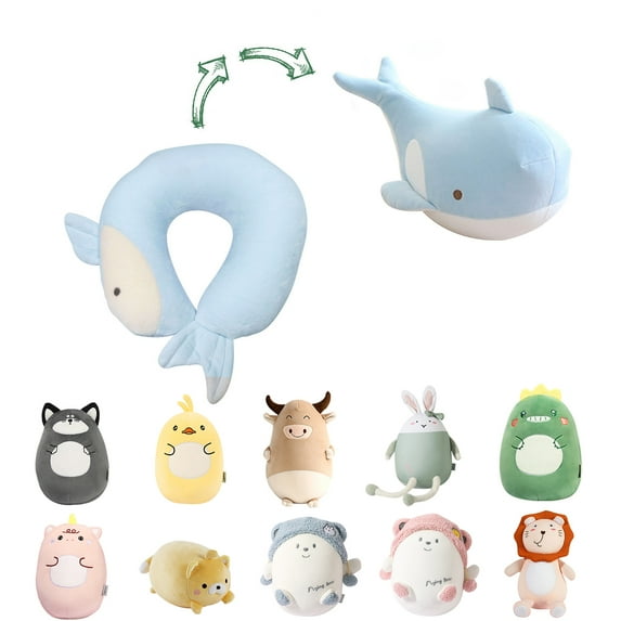 Kids Travel Pillow - 2-in-1 Deformable Kids Neck Pillow for Traveling, Soft U-Shaped Pillow with Adorable Animal Design, Comfy Sleep and Play, Ideal for Airplanes Travel - Blue Whale