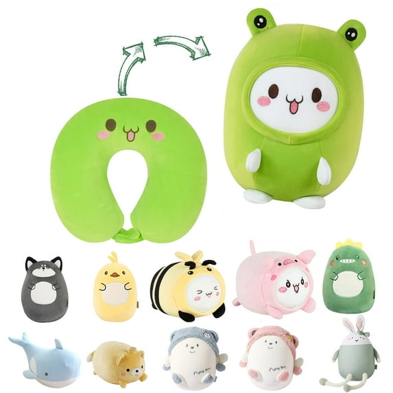 Kids Travel Pillow - 2-in-1 Deformable Kids Neck Pillow for Traveling, Soft U-Shaped Pillow with Adorable Animal Design, Comfy Sleep and Play, Ideal for Airplanes Travel - Green Frog