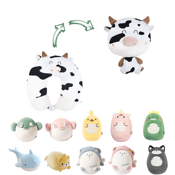 Kids Travel Pillow - 2-in-1 Deformable Kids Neck Pillow for Traveling, Soft U-Shaped Pillow with Adorable Animal Design, Comfy Sleep and Play, Ideal for Airplanes Travel - Milk Cow