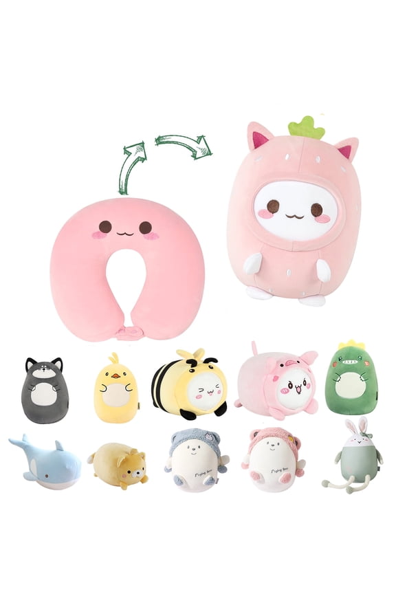 Kids Travel Pillow - 2-in-1 Deformable Kids Neck Pillow for Traveling, Soft U-Shaped Pillow with Adorable Animal Design, Comfy Sleep and Play, Ideal for Airplanes Travel - Pink Strawberry