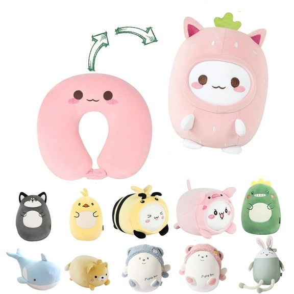 Kids Travel Pillow - 2-in-1 Deformable Kids Neck Pillow for Traveling, Soft U-Shaped Pillow with Adorable Animal Design, Comfy Sleep and Play, Ideal for Airplanes Travel - Pink Strawberry