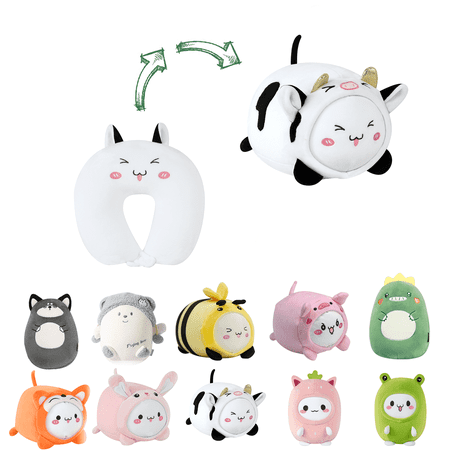 Kids Travel Pillow - 2-in-1 Deformable Kids Neck Pillow for Traveling, Soft U-Shaped Pillow with Adorable Animal Design, Comfy Sleep and Play, Ideal for Airplanes Travel - QQ Milk Cow