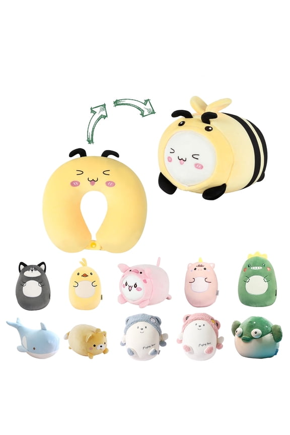 Kids Travel Pillow - 2-in-1 Deformable Kids Neck Pillow for Traveling, Soft U-Shaped Pillow with Adorable Animal Design, Comfy Sleep and Play, Ideal for Airplanes Travel - Yellowbee