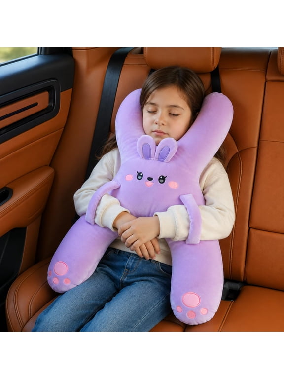 Kids Travel Pillow H-Shaped Car Neck Support with Hand Straps for Naps Soft Plush PP Cotton Rear Seat Companion Ages 4-7 Four Animal Styles Machine Washable Lightweight