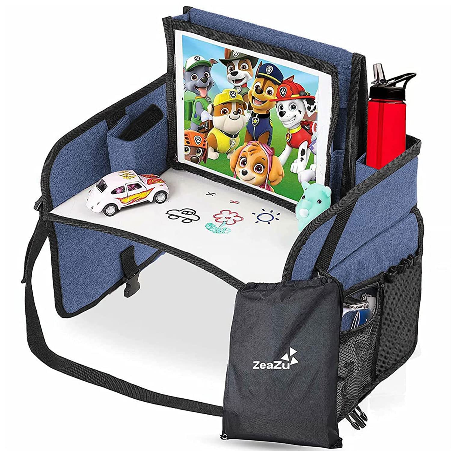 ZeaZu Kids Travel Tray with 6 Compartments & iPad Holder for Car Seats, Blue