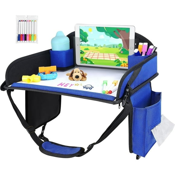 Kids Travel Tray, Play Tray For Kids Car Seat, Toddler Road Trip Essentials, Drawing Lap Tray With Storage Space for Airplane, Multifunctional Activity Tray Road Trip Must Haves For Kids (Blue)
