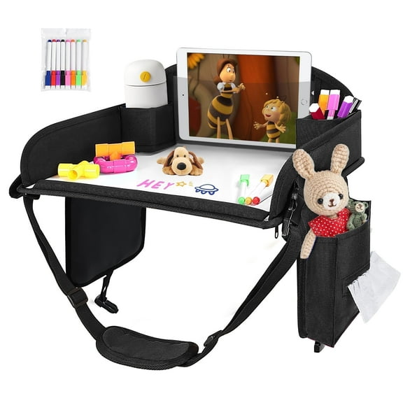 Kids Travel Tray, Play Tray For Kids Car Seat, Toddler Road Trip Essentials, Drawing Lap Tray With Storage Space for Airplane, Multifunctional Activity Tray Road Trip Must Haves For Kids (Black)