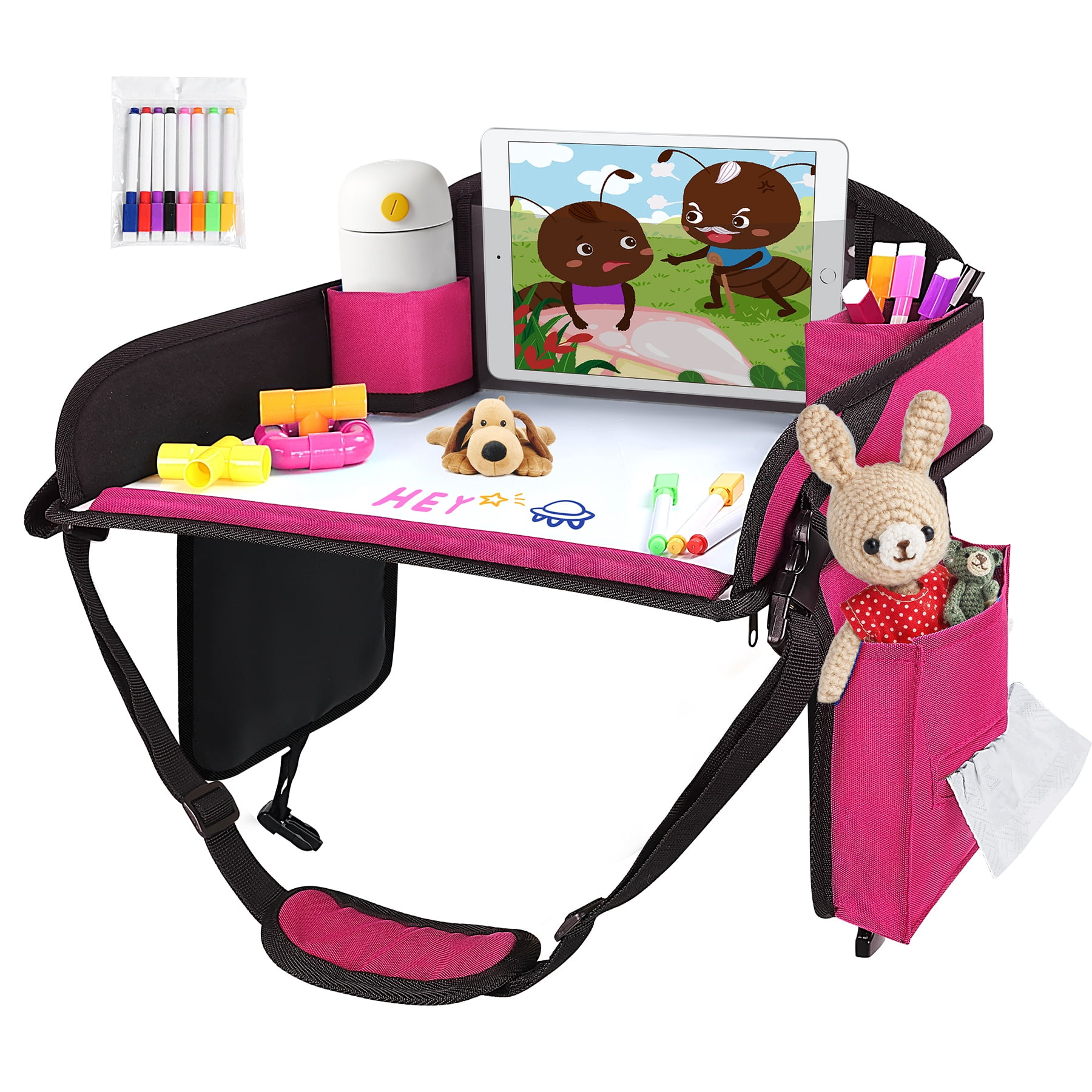 Kids Travel Tray, Play Tray For Kids Car Seat, Toddler Road Trip Essentials, Drawing Lap Tray With Storage Space for Airplane, Multifunctional Activity Tray Road Trip Must Haves For Kids , Pink
