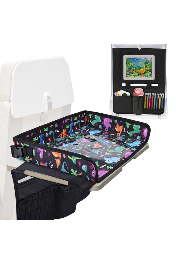 Kids Travel Tray Table Cover with Tablet Holder, Plane essentials for Toddler, Airplane Travel Tray with Pockets, Travel Essential Must-Haves for Train and Flying Supplies, Black