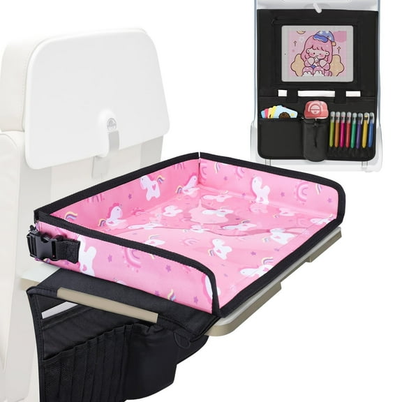 Kids Travel Tray Table Cover with Tablet Holder, Plane essentials for Toddler, Airplane Travel Tray with Pockets, Travel Essential Must-Haves for Train and Flying Supplies, Pink