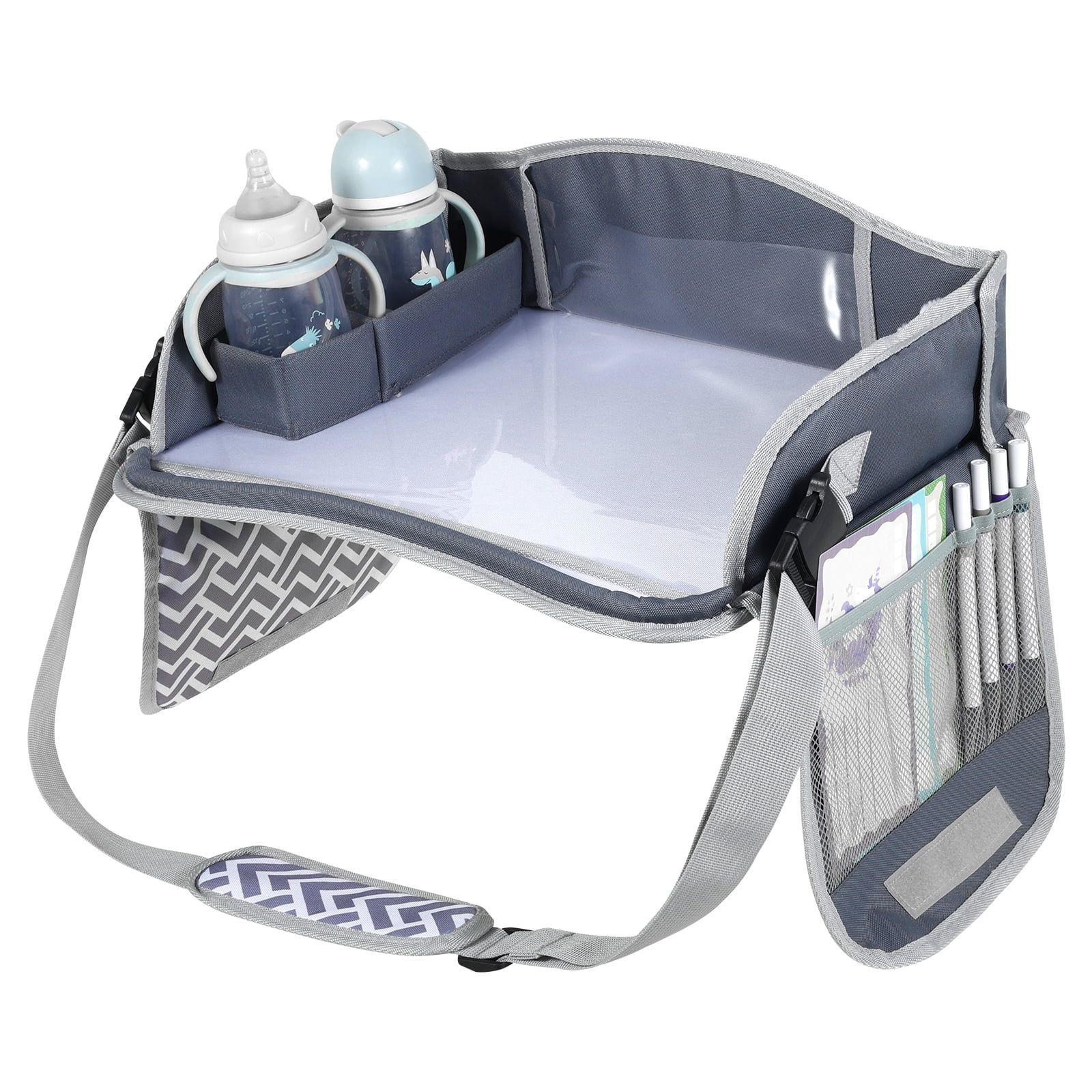 Kids Travel Tray Toddler Car Seat Lap Tray Road Trip Essentials Activity Table No-Drop Tablet Holder & Borders (All Grey)