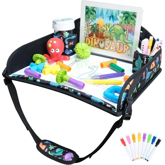 Kids Travel Tray for Toddler Car Seat, Travel Tray for Airplane, Toddler Car Seat Lap Tray, Carseat Table Tray for Kids Travel Activities (Dinosaur)