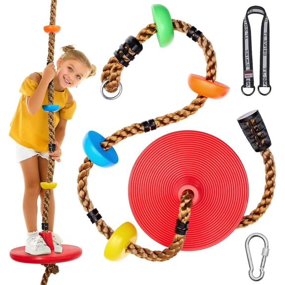 Kids Tree Swing with Adjustable Rope, 360°Rotating Disc Swing for Outdoor Play, Includes Tree Strap & 2 Carabiners, Playground Backyard Accessory for Children, Red