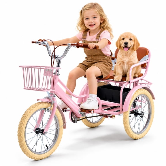 Kids Tricycle for Girls Age 4-9, Lukstr 16" Tricycle for Kids with 2 Seats, 3 Storage Baskets, Pink