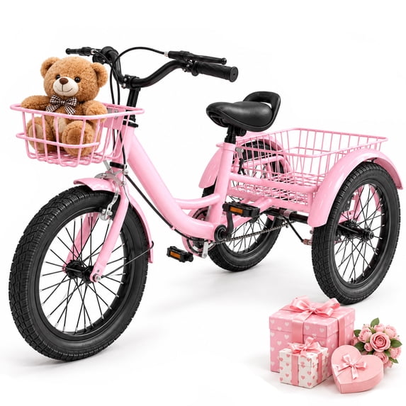 Kids Tricycle for Girls Ages 4-9, Akaber 16" Tricycle for Kids with 2 Storage Baskets, Dual Handbrake, Pink