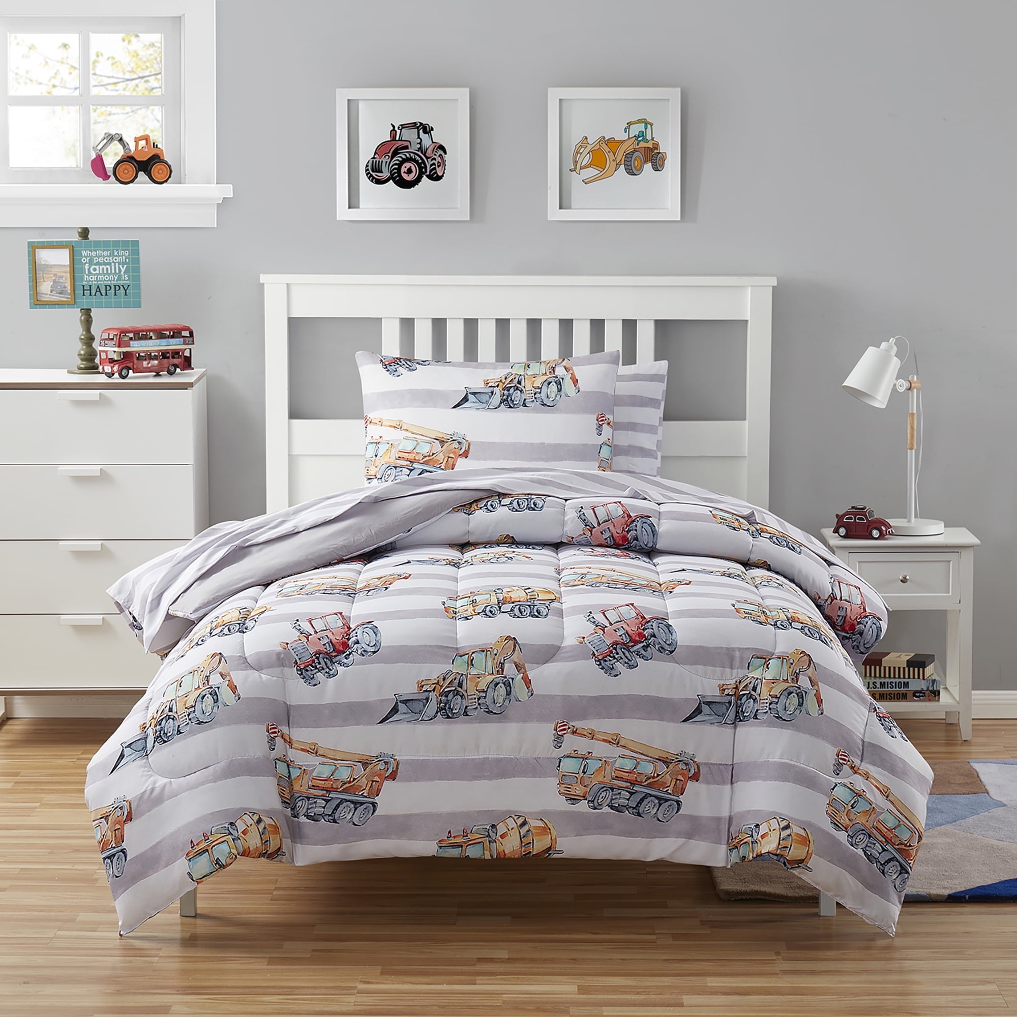 Twin Gray and Blue Construction Trucks Microfiber Bedding Set