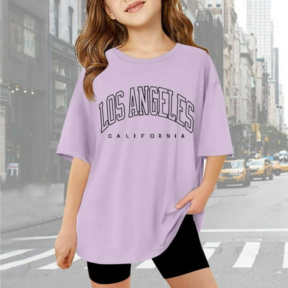 Kids Tshirts Los Angeles Letter Printed Short Sleeve Loose Casual Summer Shirts Graphic Tshirt for Girls 3-4 Years