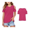 thumbnail image 1 of Kids Tshirts Short Sleeve Crew Neck T Shirts Cold Shoulder Tops Casual Pullover Tops Summer Tops Girl T Shirts Size 4-5 Years, 1 of 6