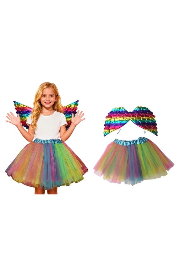 Kids Tulle Skirt Layers Rainbow Tutuwith Wing Elastic Waist Girls Ballet Tutu Skirts Thanksgiving Tutu