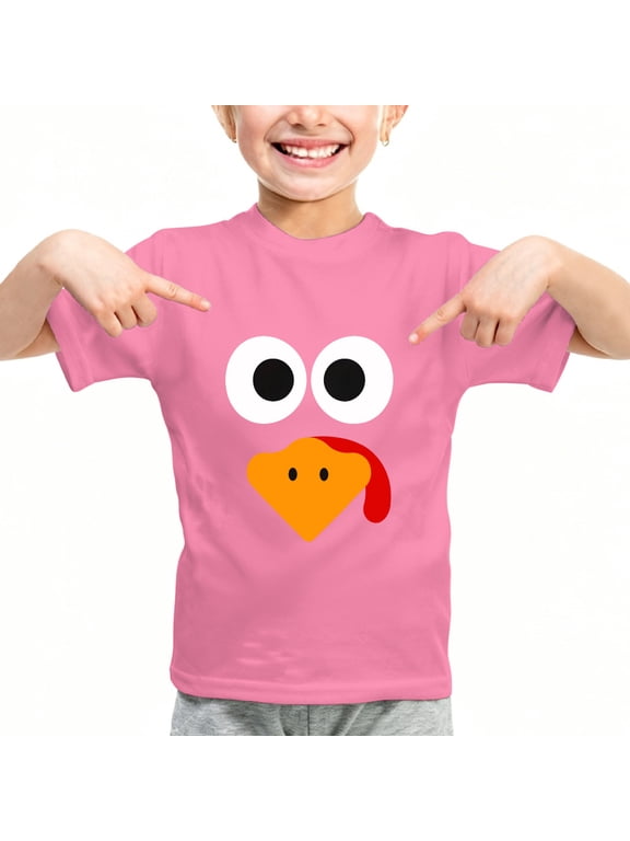 Kids Turkey Face T-Shirt, Thanksgiving Holiday Short Sleeve Crew Neck Graphic Tee S