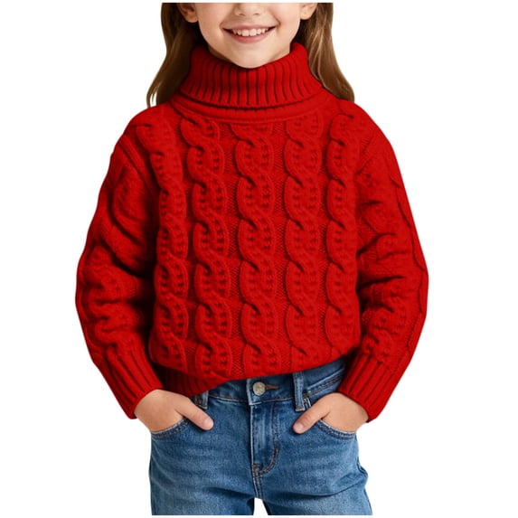 Kids Turtleneck Long Sleeve Sweaters Girls Chunky Cable Knit Sweater Pullover Loose Tops Fall Winter Red, 7 Y