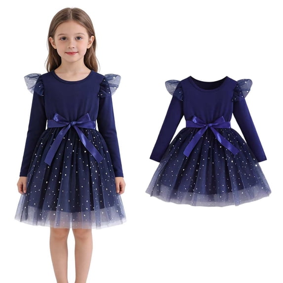Kids Tutu Dress Ruffles Long Sleeve Blue Girls Dress Glitter Tulle Dresses for Girls Fall Dress Valentines Dress for Girls 5-6 Years