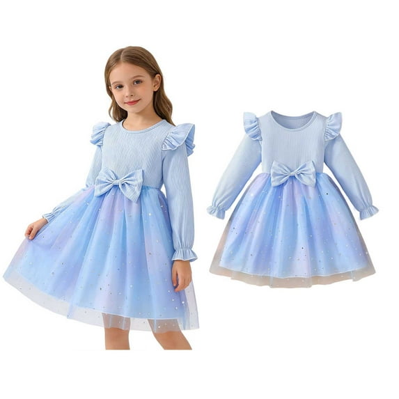 Kids Tutu Dress Ruffles Long Sleeve Girls Blue Dress Sparkly Girls Tulle Dress Winter Dress Girls Dresses 9-10 Years
