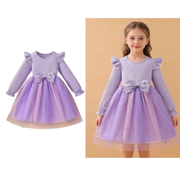 Kids Tutu Dress Ruffles Long Sleeve Girls Purple Dress Glitter Tulle Dresses for Girls Winter Dress for Girls 5-6 Years