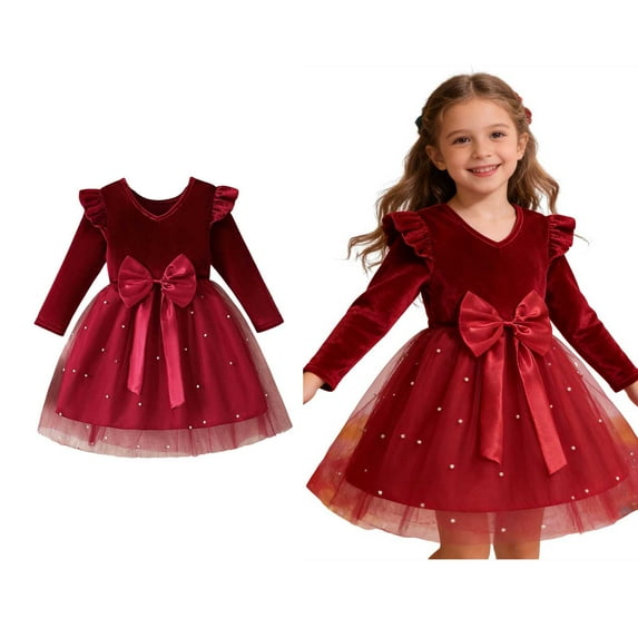 Kids Tutu Dress Ruffles Long Sleeve Red Velvet Girls Dress Glitter Girls Tulle Dress Winter Dress Girl Valentine Dress 9-10 Years