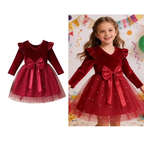 Kids Tutu Dress Ruffles Long Sleeve Red Velvet Girls Dress Glitter Tulle Dress for Girls Winter Dress Valentine Dress for Girls 9-10 Years