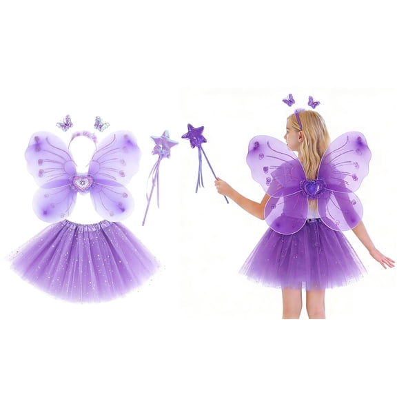 Kids Tutu Skirt Layers Purple Tutu Sequin Skirt with Wings and Hairband Elastic Waist Tulle Ballet Skirts Birthday Dresses 3-10 Years