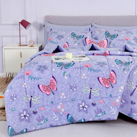 Kids Twin Bed in a Bag for Girls, 6 Piece Butterfly Purple Comforter Set, Soft Microfiber Bedding Set with Sheets, Shams & Toy Pillow