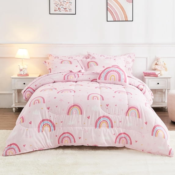 Kids Twin Bed in a Bag for Girls, 6 Piece Rainbow Pink Comforter Set, Soft Microfiber Bedding Set with Sheets, Shams & Toy Pillow