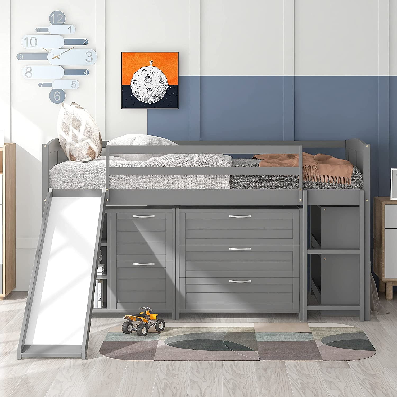 Kids Twin Loft Bed with Slide and Storage Cabinet, Low Loft Bed Frame ...