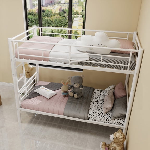 Twin Size Metal Platform Bedframe with Ladders & Guardrail, No Spring Box Required, Gray for Bedroom