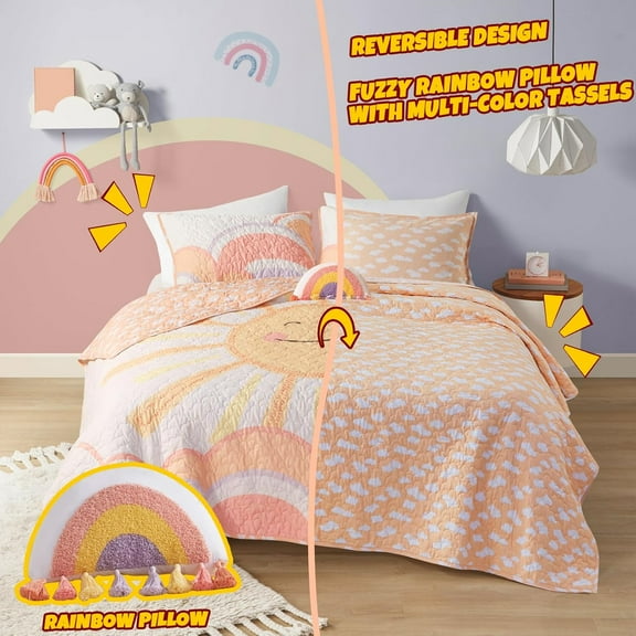 Kids Twin Quilt Bedding Set, Reversible Cotton Coverlet with Rainbow & Clouds Pattern, Breathable Sham Throw Pillow, 3-Piece Yellow/Coral